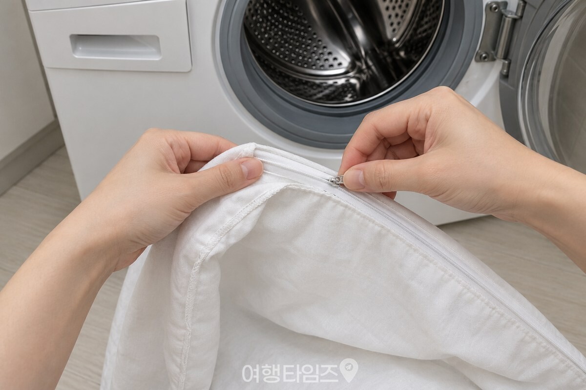뒤집은 베개 커버의 지퍼를 끝까지 닫는 두 손 / 기사 이해를 돕기 위한 생성형 이미지