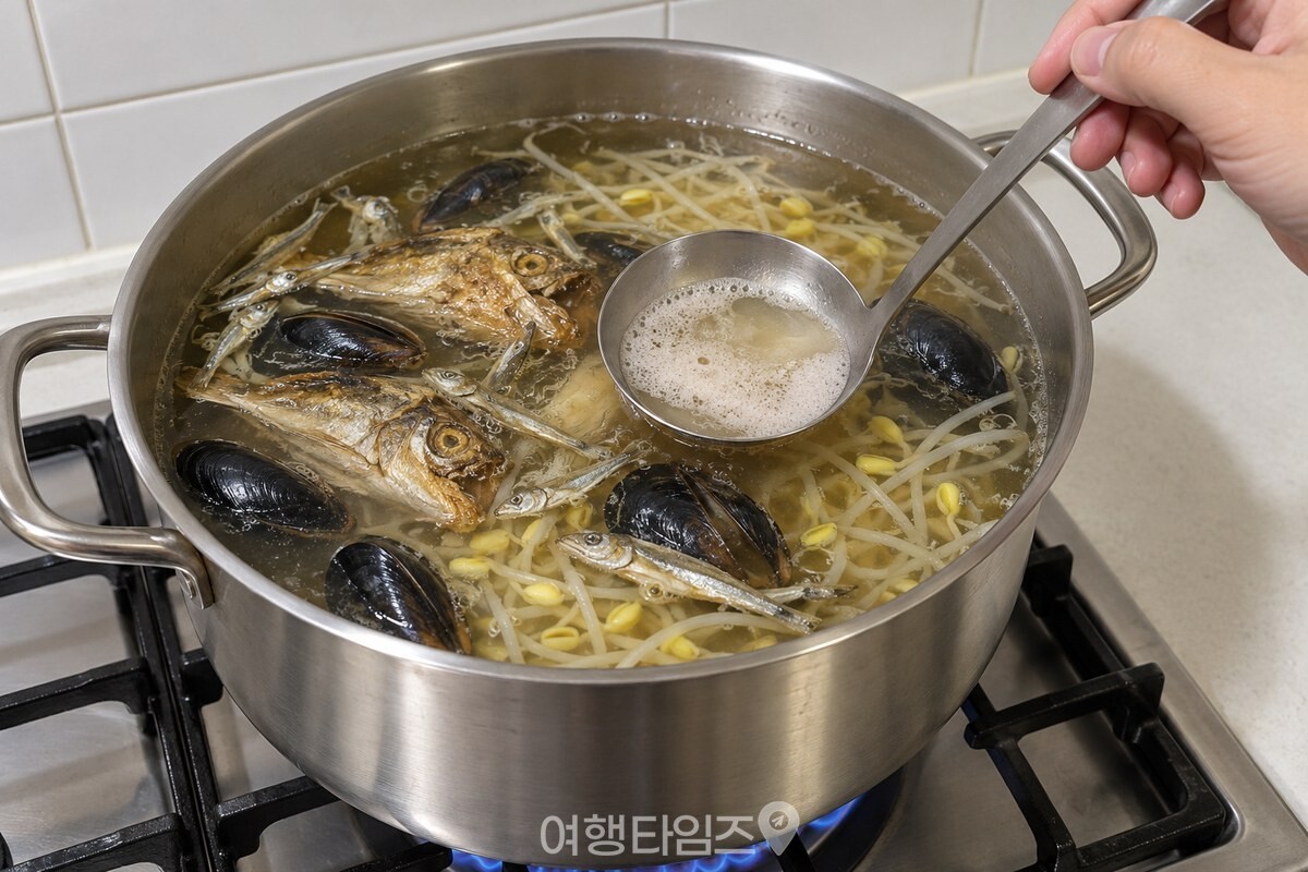 끓는 홍합 육수 위의 거품을 국자로 걷는 모습 / 기사 이해를 돕기 위한 생성형 이미지