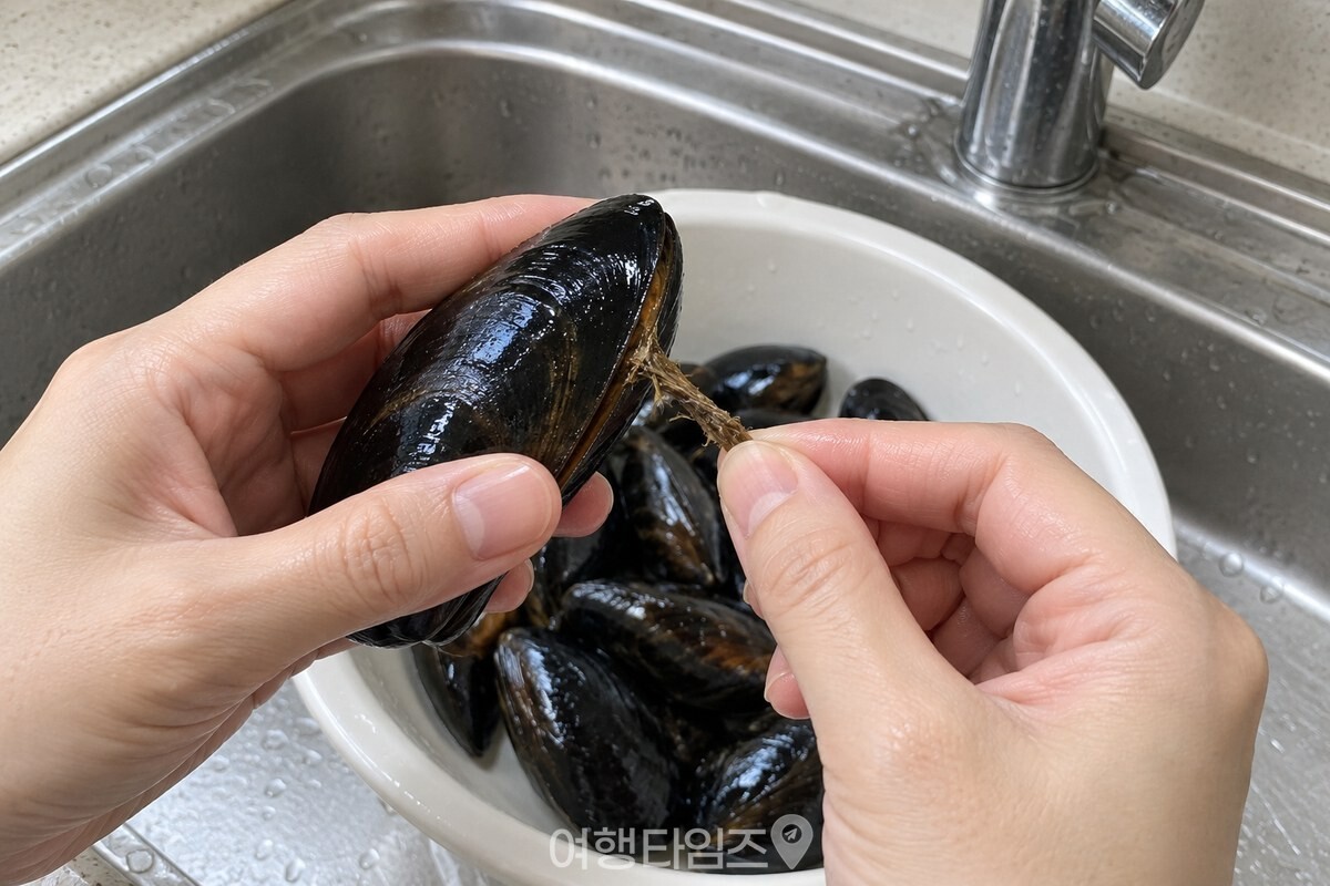 수염을 떼기 위해 홍합 껍데기를 잡은 손 / 기사 이해를 돕기 위한 생성형 이미지