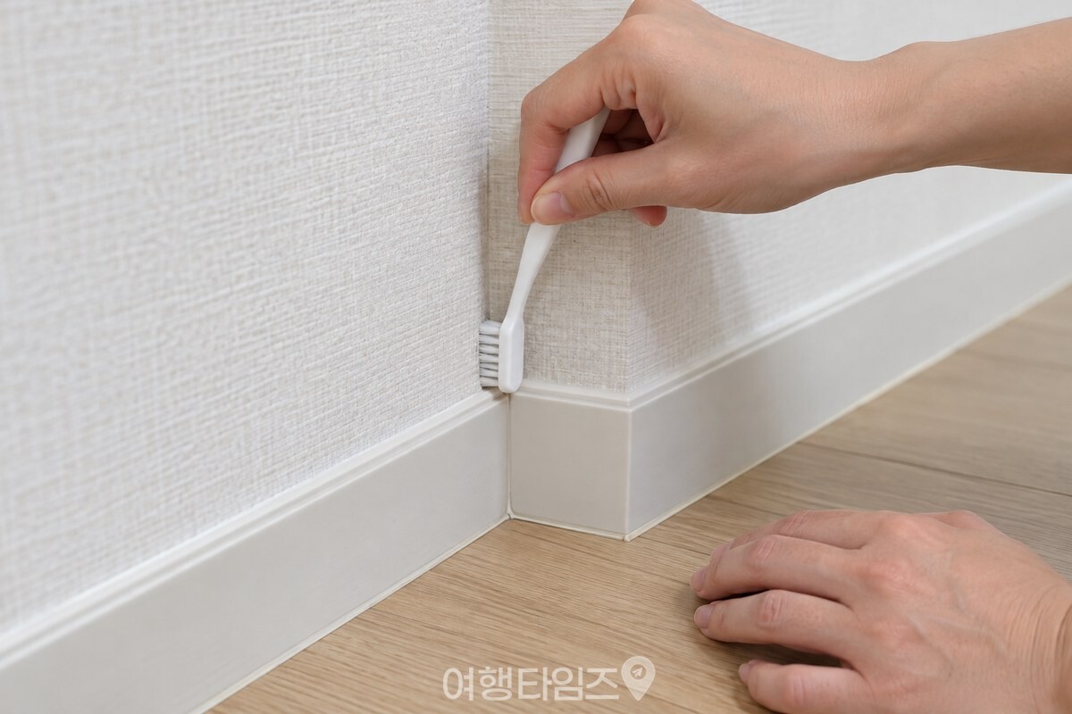 거실 벽 모서리의 걸레받이를 마른 칫솔로 털어 내는 모습 / 기사 이해를 돕기 위한 생성형 이미지