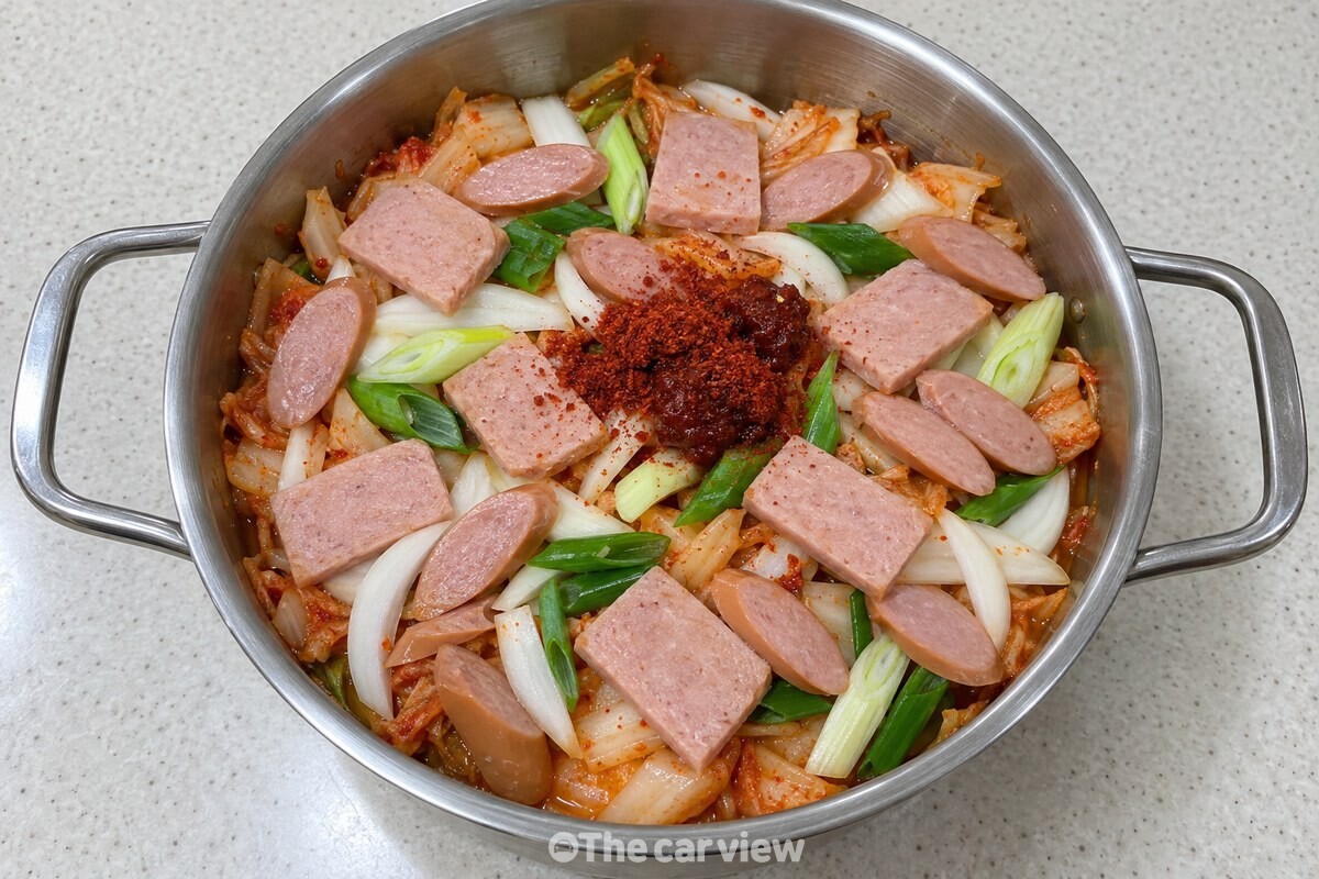냄비에 햄과 소시지를 고르게 펼쳐 담은 모습 / 기사 이해를 돕기 위한 생성형 이미지