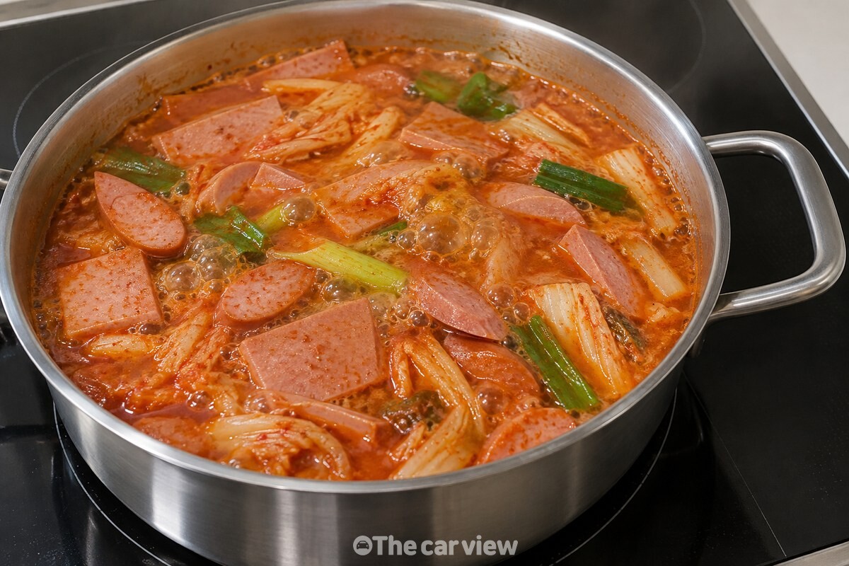 중불에서 끓으며 작은 기름방울이 보이는 부대찌개 / 기사 이해를 돕기 위한 생성형 이미지