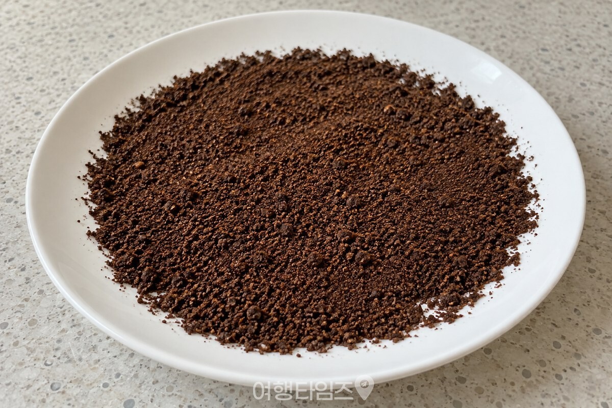 넓은 흰 접시에 얇게 펼쳐 말리는 원두 찌꺼기 / 기사 이해를 돕기 위한 생성형 이미지