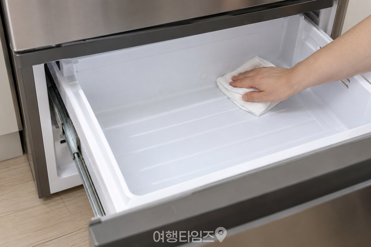 마른 흰 행주로 냉동실 서랍 안쪽을 닦는 모습 / 기사 이해를 돕기 위한 생성형 이미지