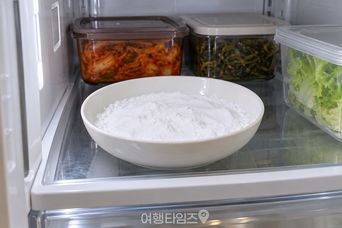 냉장실 선반의 넓은 그릇에 펼쳐 둔 베이킹소다 / 기사 이해를 돕기 위한 생성형 이미지