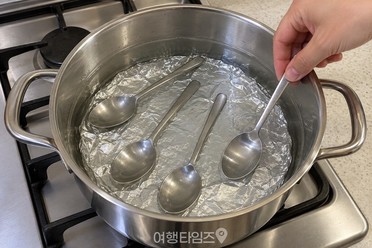 물속 은박지에 수저를 하나씩 펼쳐 닿게 놓은 모습 / 기사 이해를 돕기 위한 생성형 이미지
