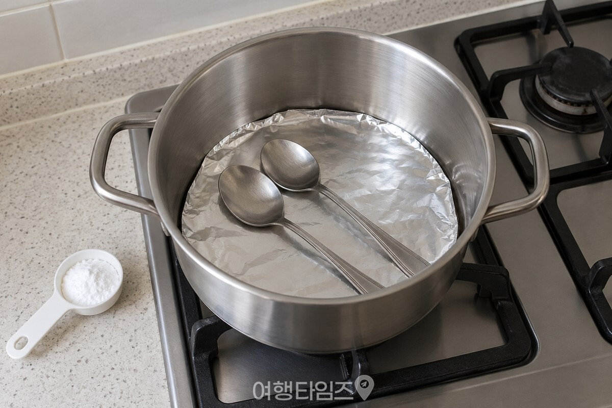 스테인리스 냄비 바닥에 은박지를 깔고 수저를 준비한 모습 / 기사 이해를 돕기 위한 생성형 이미지