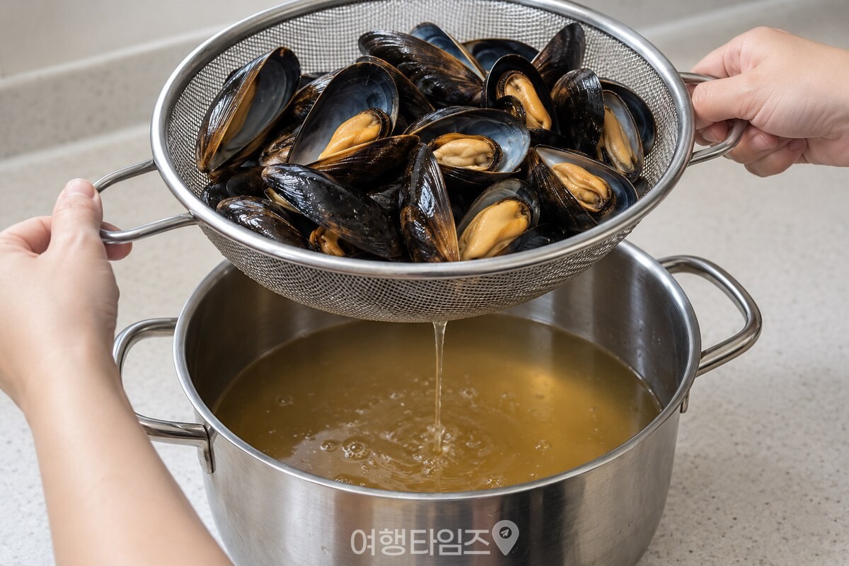 체에 밭쳐 홍합과 육수를 나눈 모습 / 기사 이해를 돕기 위한 생성형 이미지
