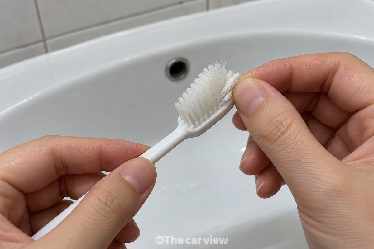 칫솔모 뿌리 쪽의 물기를 확인하는 손 / 기사 이해를 돕기 위한 생성형 이미지