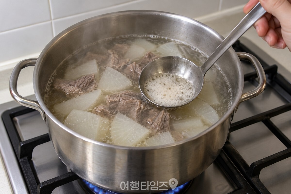 국자에 걷어 낸 거품과 잔잔하게 끓는 국물 / 기사 이해를 돕기 위한 생성형 이미지