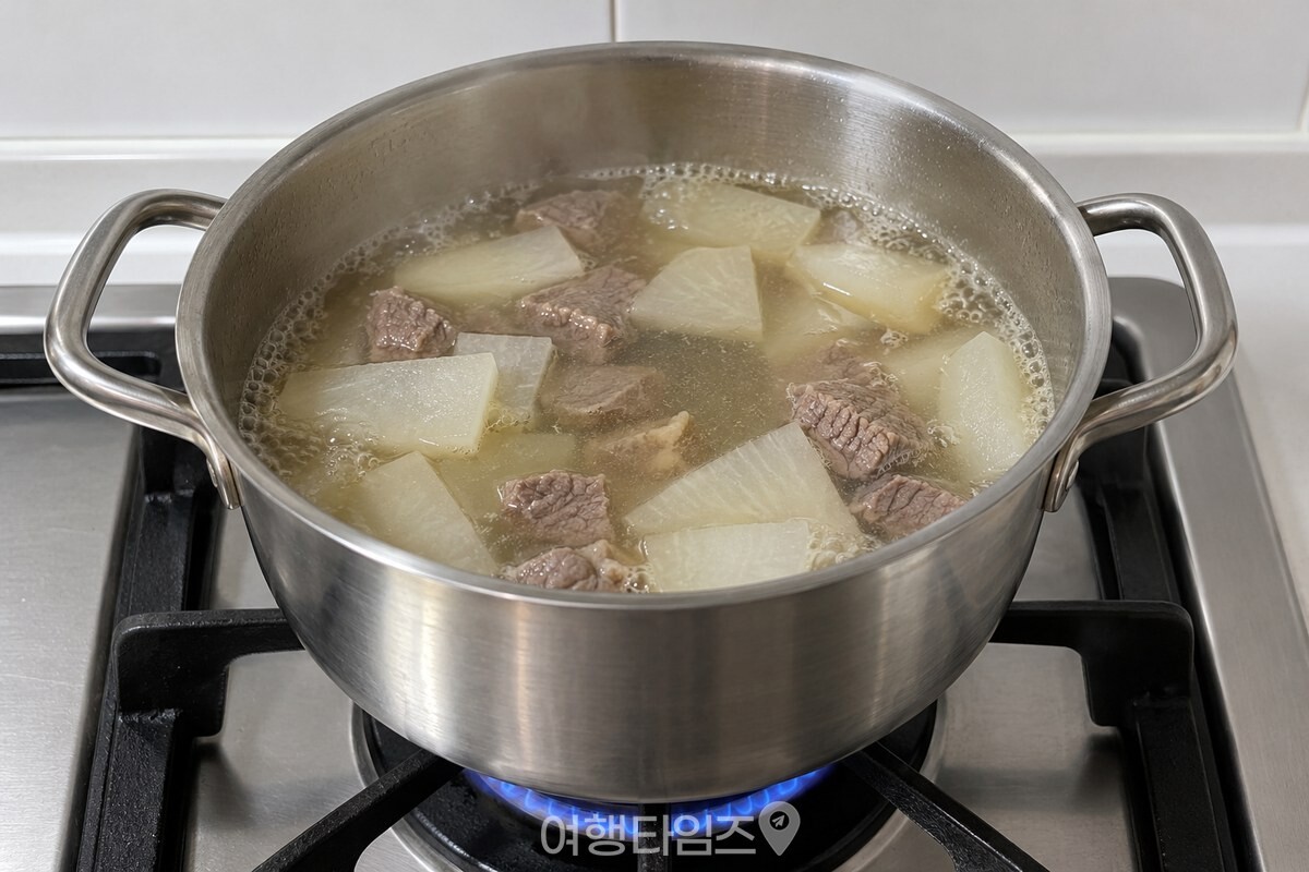 중약불에서 가장자리만 잔잔하게 끓는 소고기무국 냄비 / 기사 이해를 돕기 위한 생성형 이미지