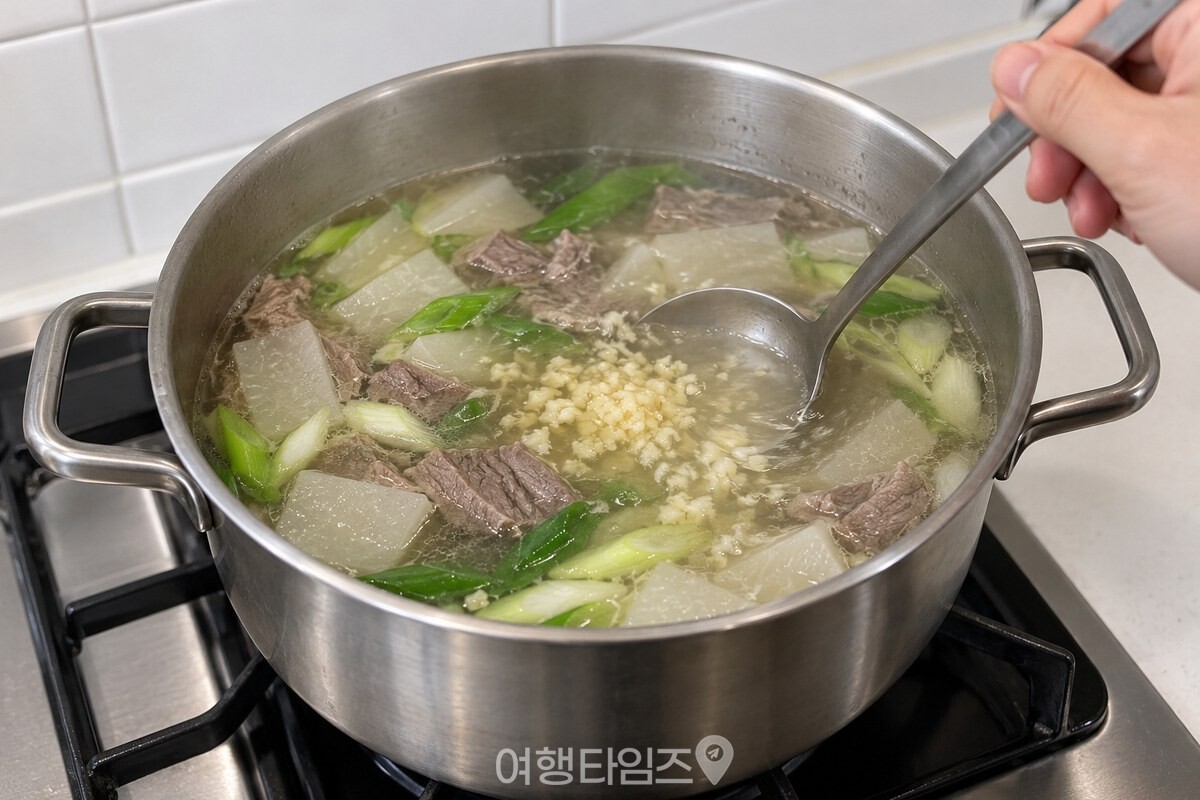 불을 끈 소고기무국에 다진 마늘을 넣어 젓는 손 / 기사 이해를 돕기 위한 생성형 이미지