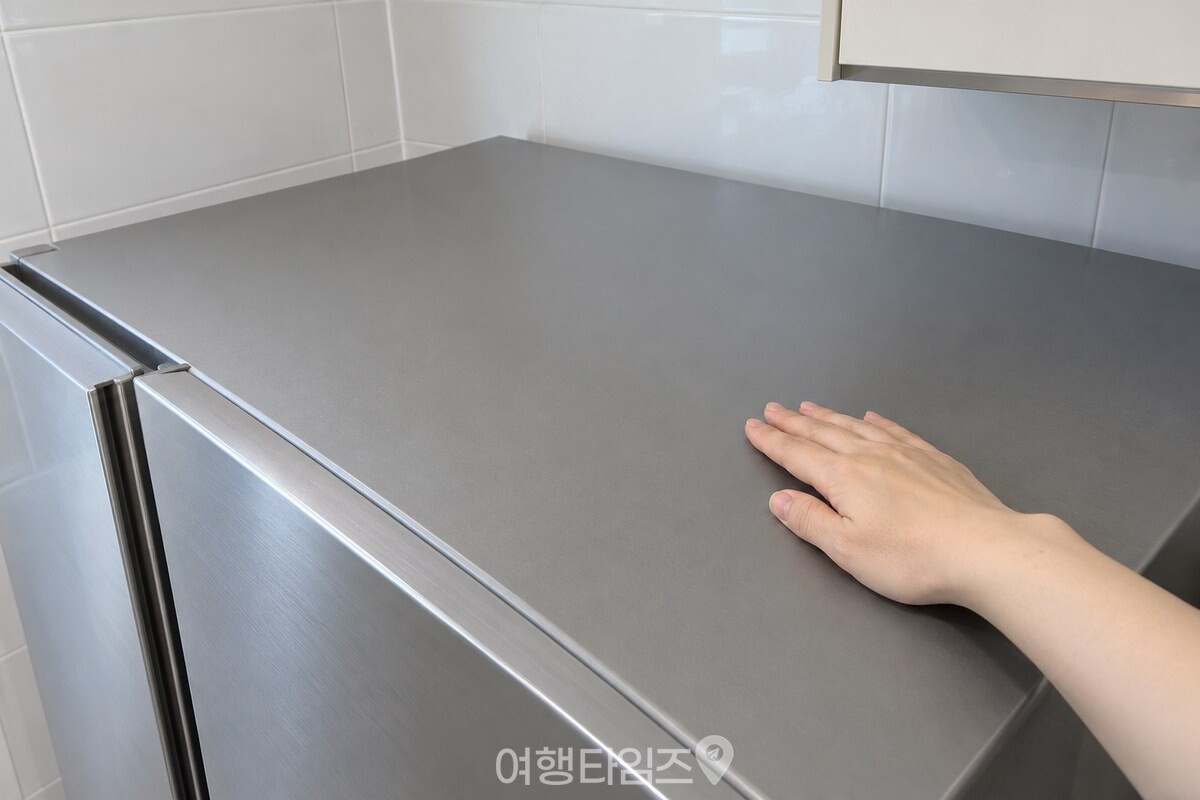 깨끗이 닦인 냉장고 윗면을 확인하는 모습 / 기사 이해를 돕기 위한 생성형 이미지