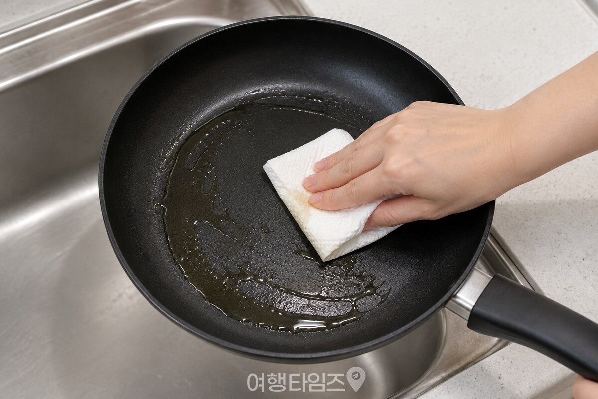 식힌 프라이팬의 기름을 키친타월로 닦는 손 / 기사 이해를 돕기 위한 생성형 이미지