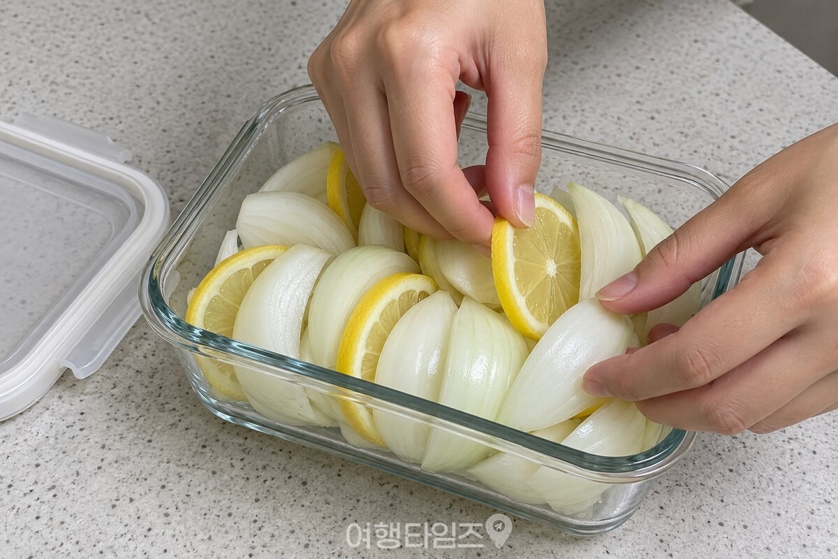 양파 사이에 얇게 썬 레몬을 번갈아 담는 모습 / 기사 이해를 돕기 위한 생성형 이미지