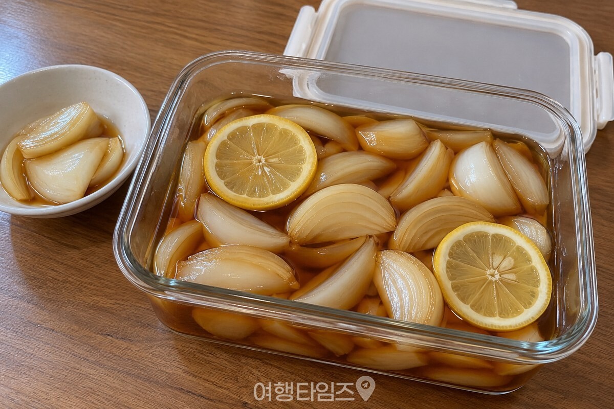 레몬 향이 더해진 양파장아찌가 담긴 유리 밀폐용기 / 기사 이해를 돕기 위한 생성형 이미지