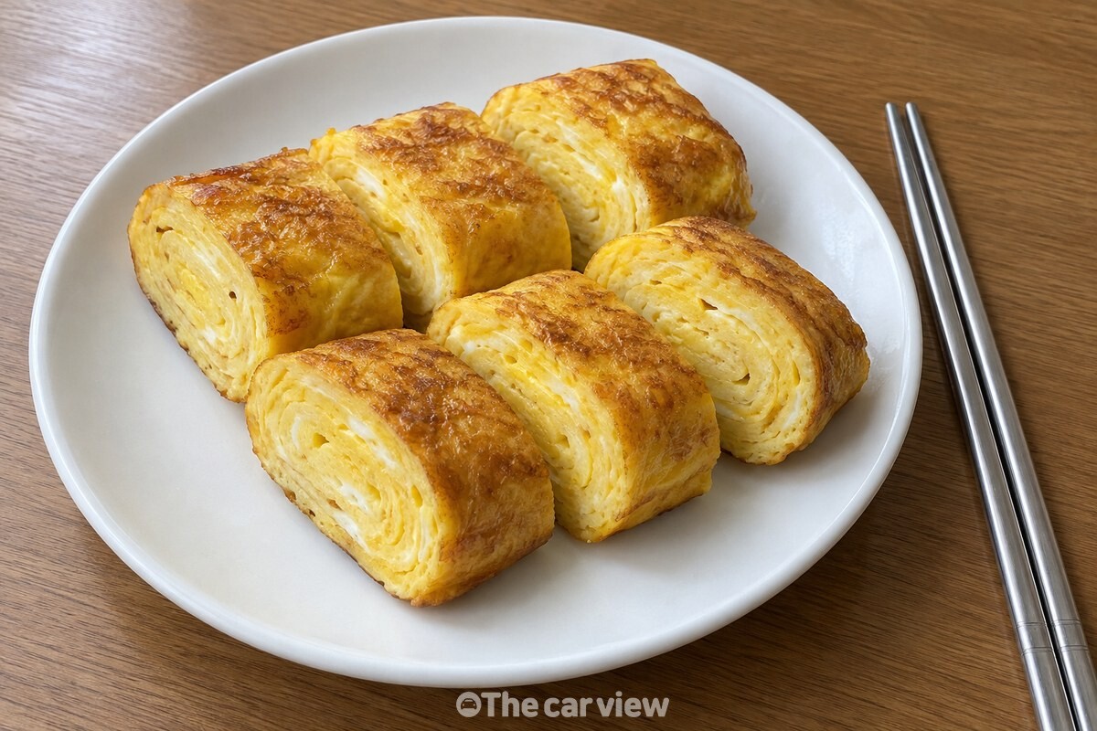 노릇하게 익힌 달걀말이를 썰어 담은 접시 / 기사 이해를 돕기 위한 생성형 이미지