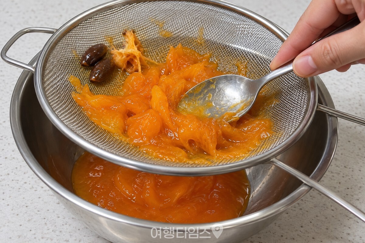 고운 체에서 숟가락으로 으깨는 홍시 과육 / 기사 이해를 돕기 위한 생성형 이미지