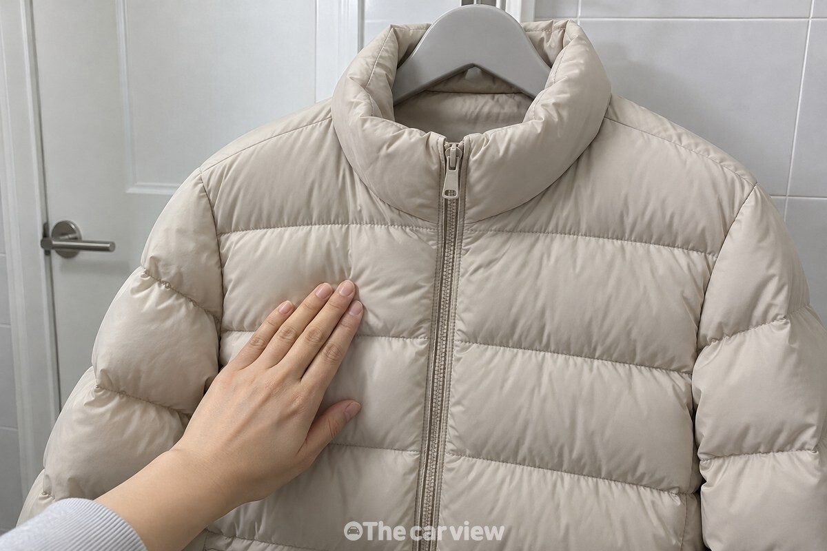 손바닥으로 패딩의 접힌 선을 가볍게 쓸어 펴는 모습 / 기사 이해를 돕기 위한 생성형 이미지