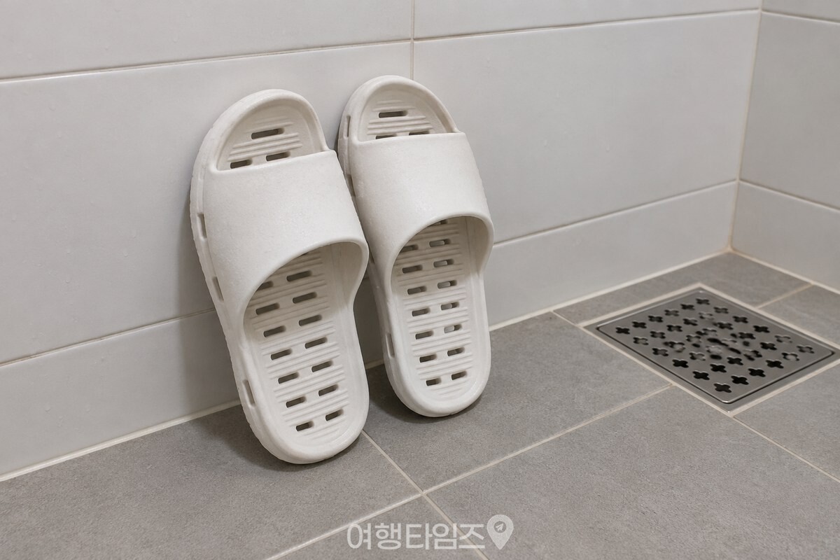 물기를 털어 욕실 바닥에 세워 둔 흰색 고무 욕실화 / 기사 이해를 돕기 위한 생성형 이미지