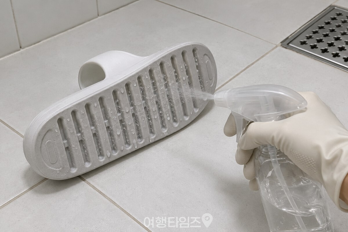 바닥 홈을 위로 향하게 놓고 희석액을 뿌리는 욕실화 / 기사 이해를 돕기 위한 생성형 이미지