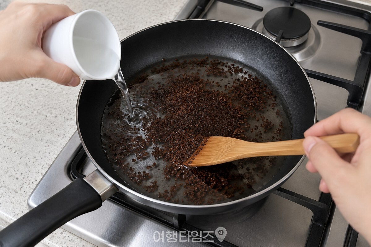 팬 가장자리를 따라 물을 붓고 커피 찌꺼기를 저어 섞는 모습 / 기사 이해를 돕기 위한 생성형 이미지