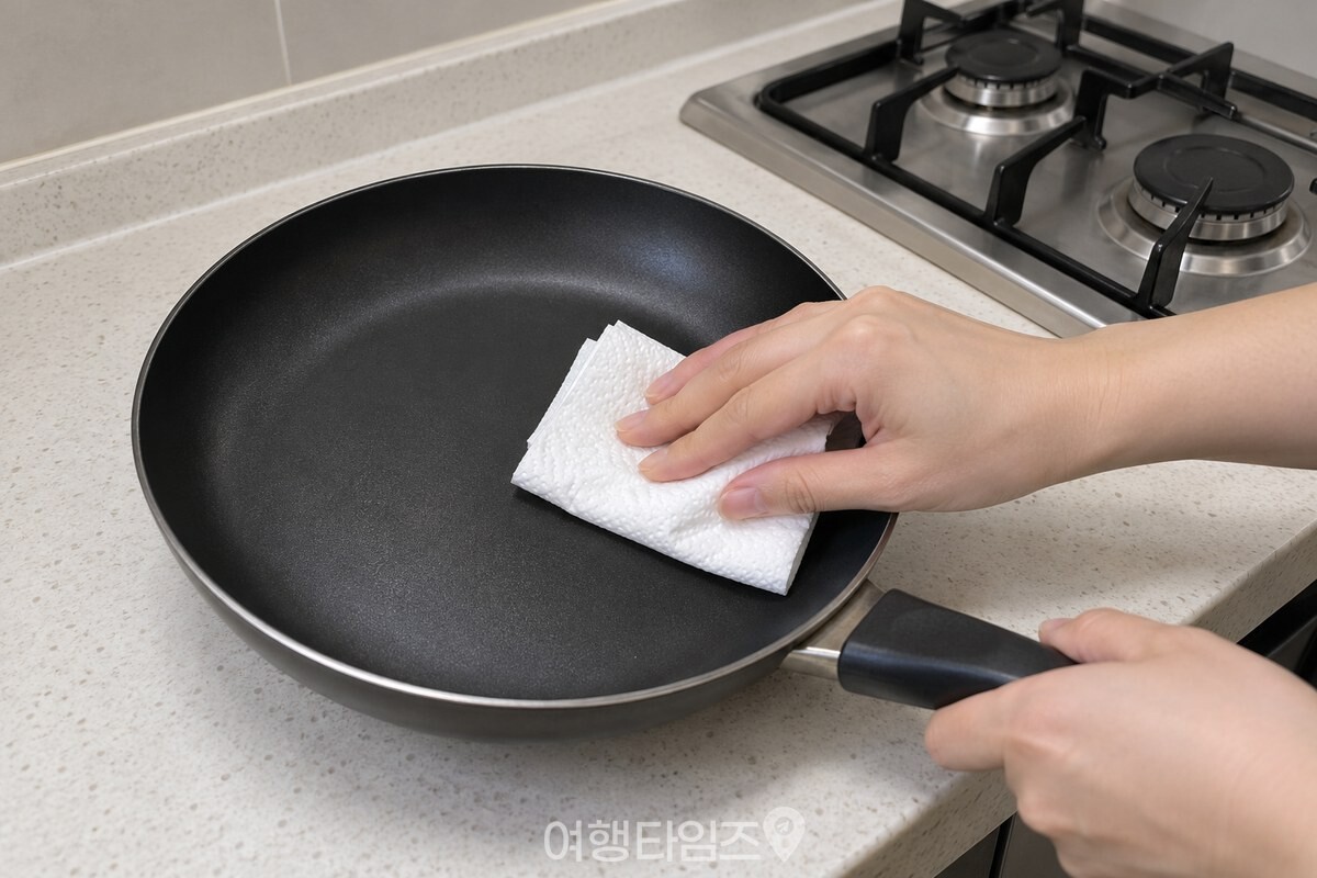 키친타월로 팬 안의 기름기를 닦아 내는 모습 / 기사 이해를 돕기 위한 생성형 이미지
