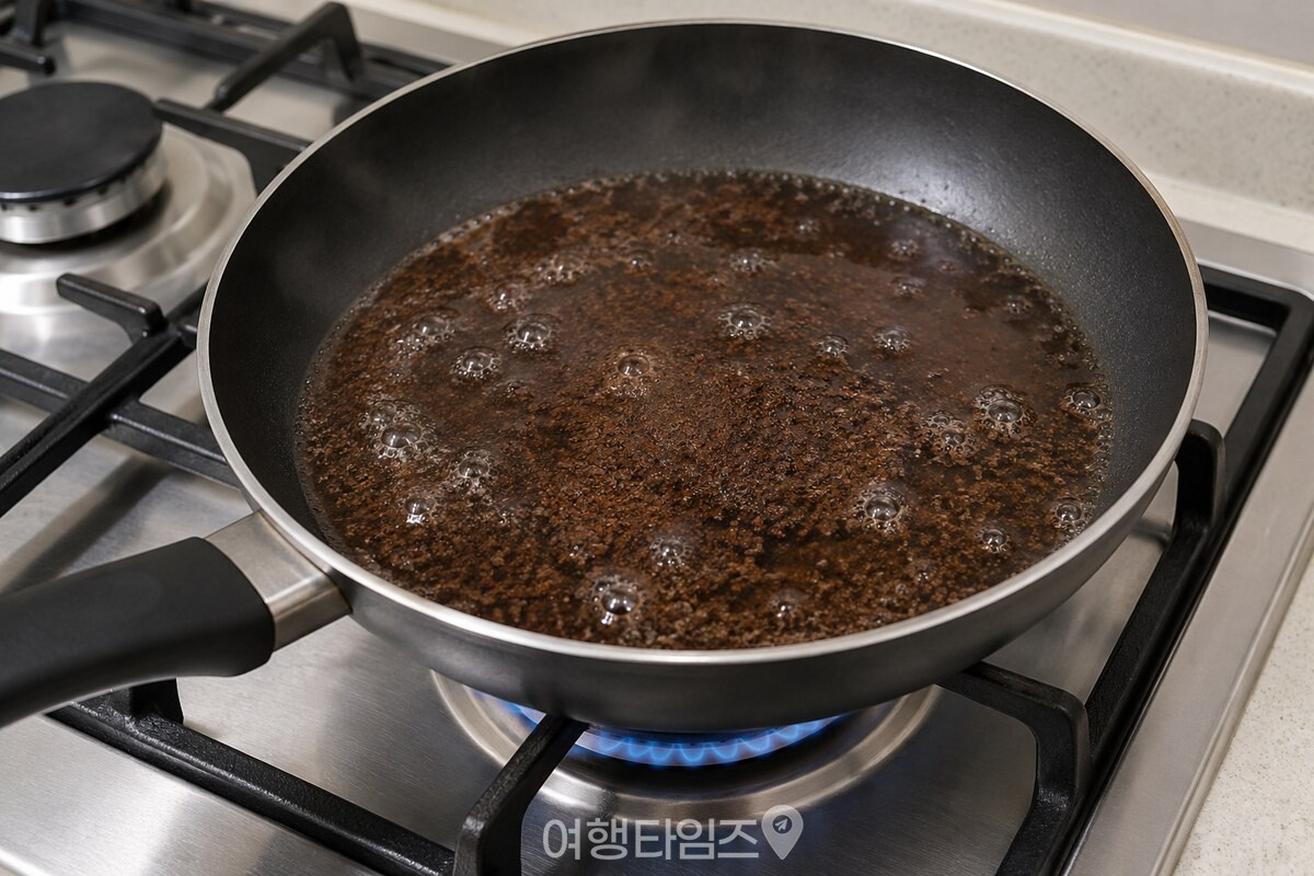 중불에서 갈색 물과 커피 찌꺼기를 짧게 끓이는 프라이팬 / 기사 이해를 돕기 위한 생성형 이미지