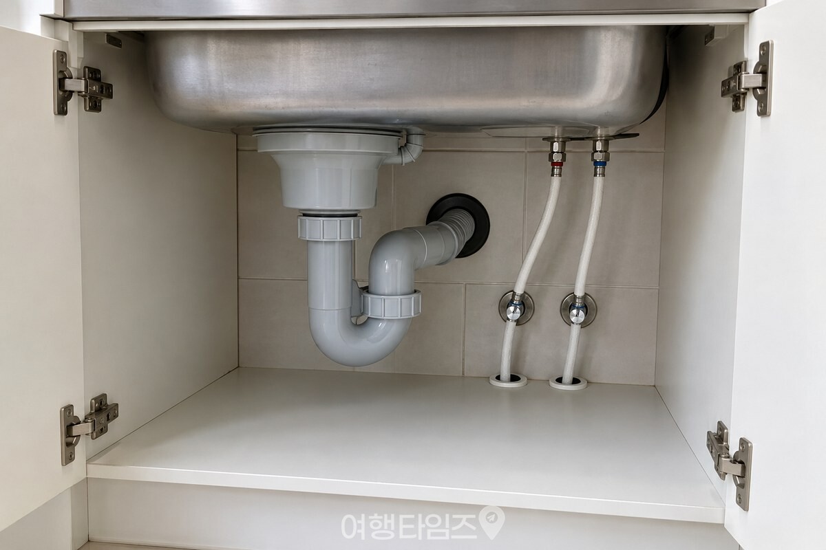 배수관이 지나가는 싱크대 아래 수납장 내부 / 기사 이해를 돕기 위한 생성형 이미지