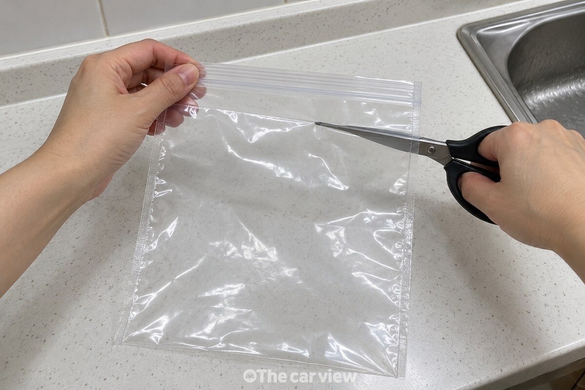 지퍼 아래 비닐을 남기고 고리 모양으로 자르는 모습 / 기사 이해를 돕기 위한 생성형 이미지