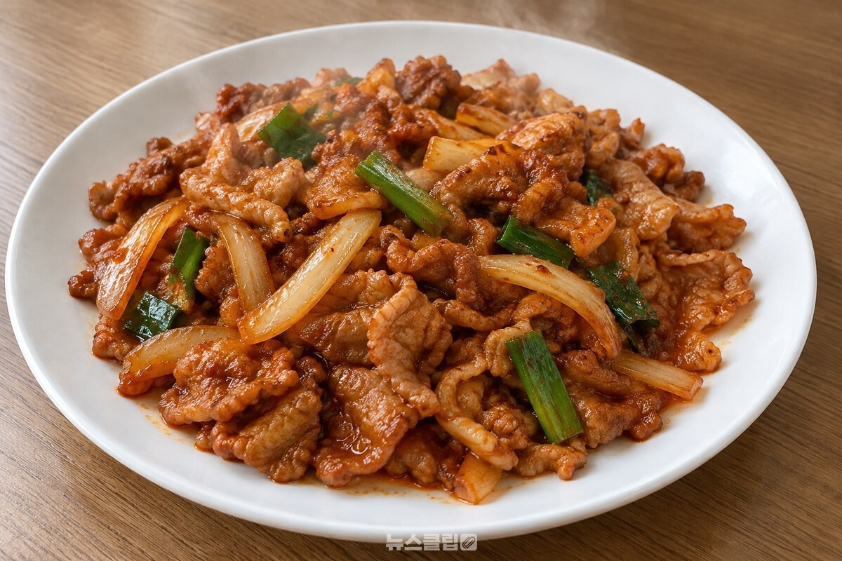 윤기 있게 볶아 접시에 담은 제육볶음 / 기사 이해를 돕기 위한 생성형 이미지