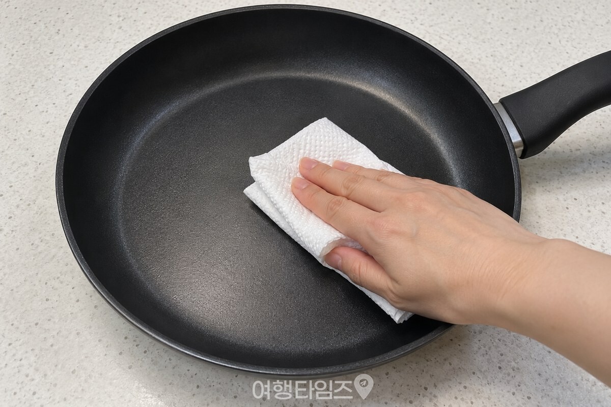 식힌 프라이팬 바닥을 키친타월로 닦는 모습 / 기사 이해를 돕기 위한 생성형 이미지