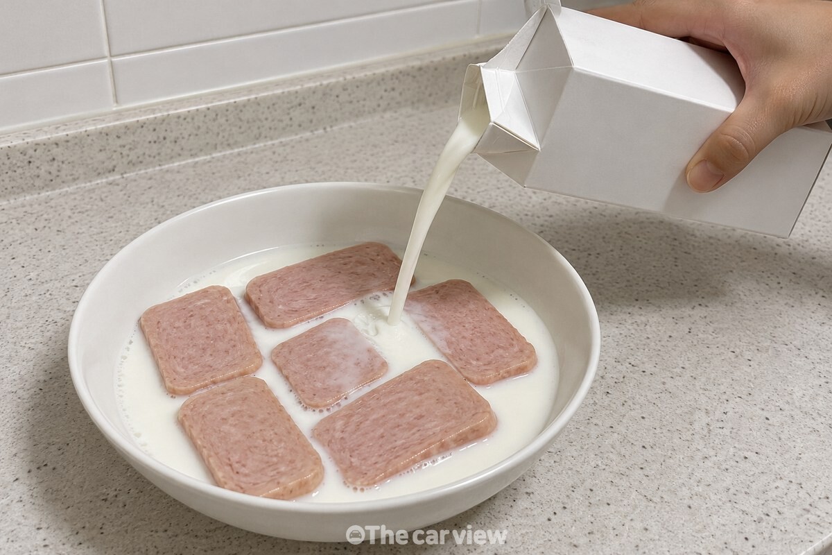 겹치지 않게 펼친 스팸 조각 위로 차가운 우유를 붓는 손 / 기사 이해를 돕기 위한 생성형 이미지