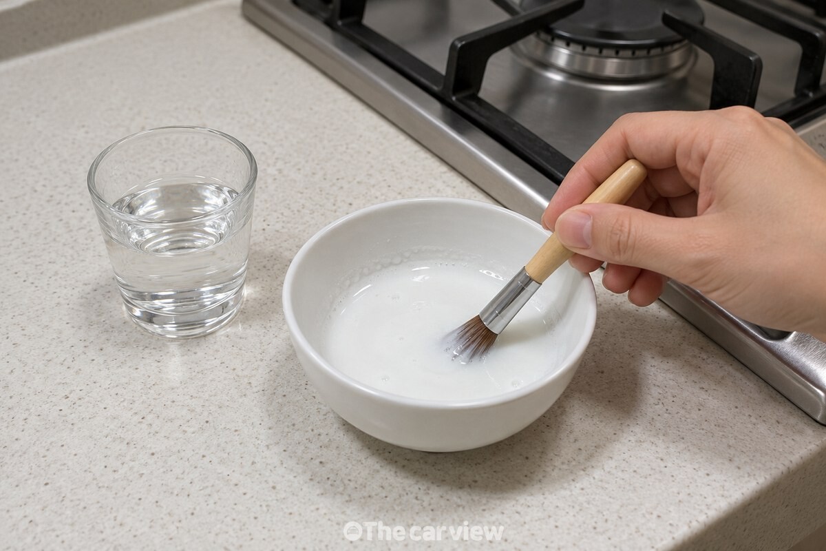 작은 그릇의 묽은 치약 혼합액을 붓에 묻히는 손 / 기사 이해를 돕기 위한 생성형 이미지