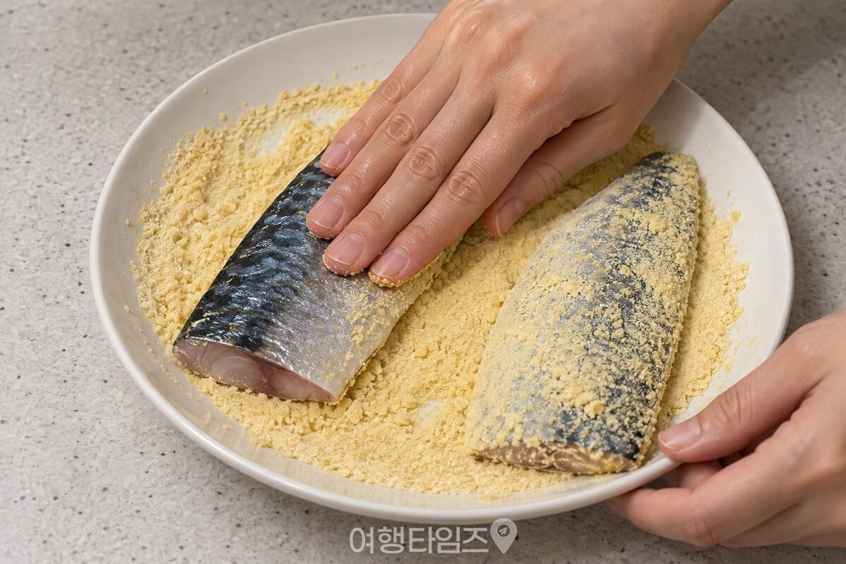 카레 가루와 튀김가루를 섞어 고등어에 얇게 입히는 모습 / 기사 이해를 돕기 위한 생성형 이미지