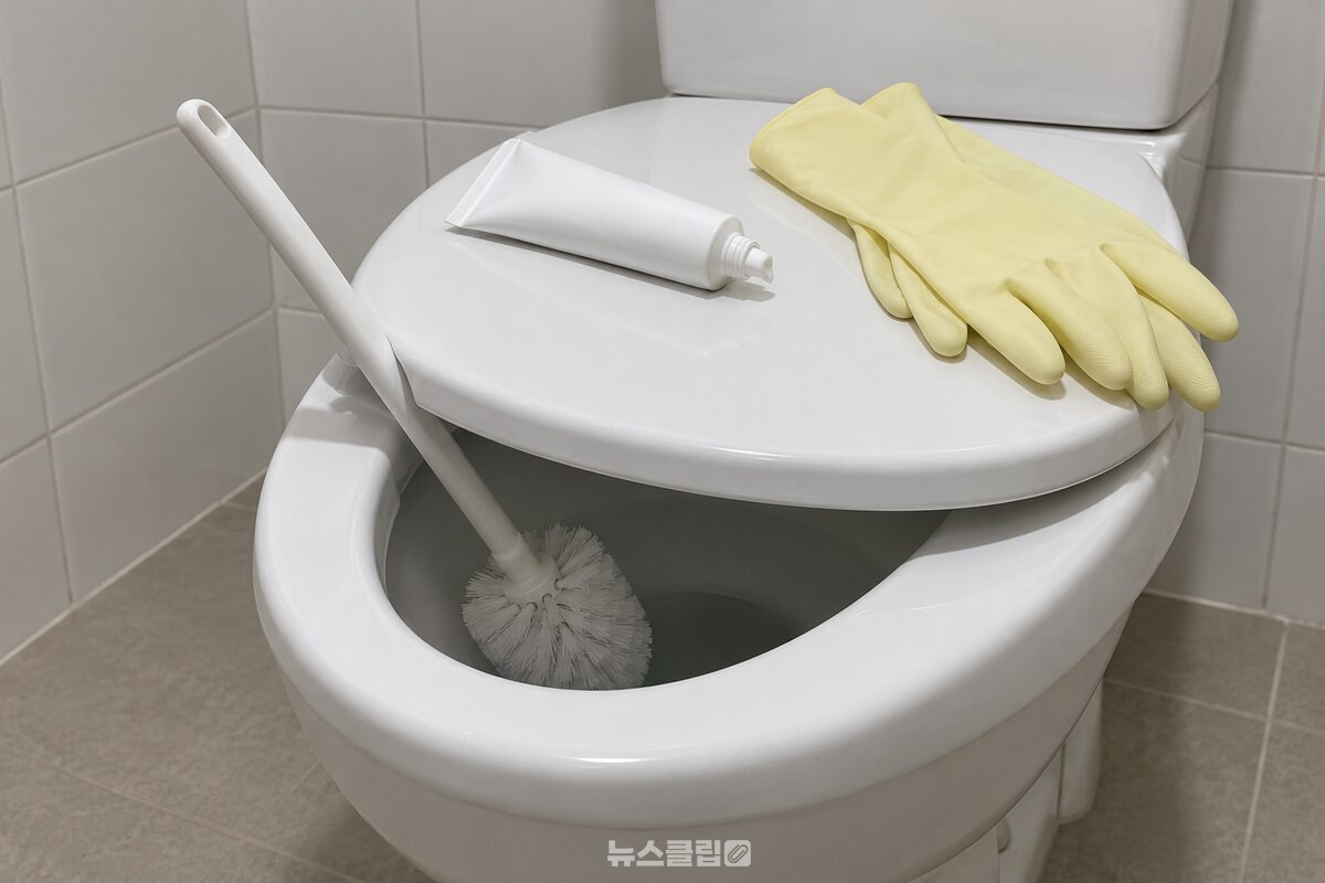 흰색 치약과 변기솔, 고무장갑을 준비한 모습 / 기사 이해를 돕기 위한 생성형 이미지